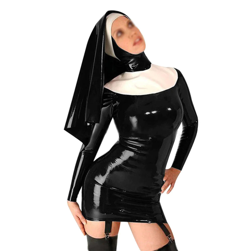 Sexy Latex Rubber Nuns Dress With Scarf Women Sexy Fetish Clubwear Outfit