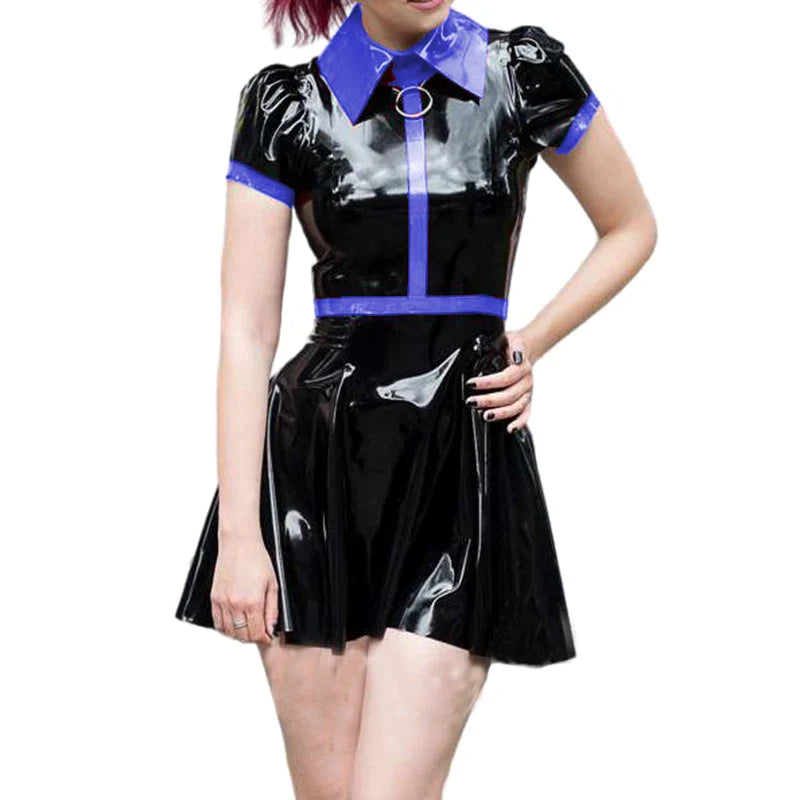 Women Slim Fit A-Line Dress  Latex Short Sleeve Mini Dress Party Clubwear