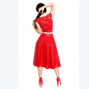 Latex-Gummikleid mit herzförmigem Ausschnitt, Schleife, tailliertem Oberteil, ausgestelltem Midi-Rock mit Gürtel und kurzen Ärmeln, A-Linien-Kleid