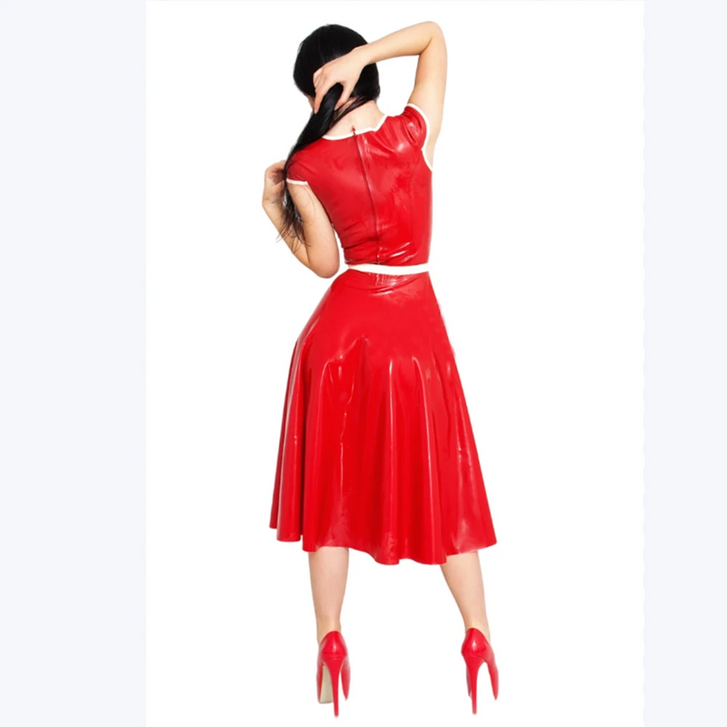 Latex Rubber Sweetheart Neck Bowknot Fit And Flared Midi Dress With Belt Short Sleeve A-Line Dress