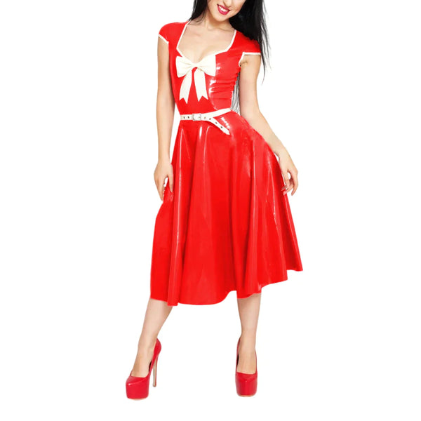 Latex Rubber Sweetheart Neck Bowknot Fit And Flared Midi Dress With Belt Short Sleeve A-Line Dress