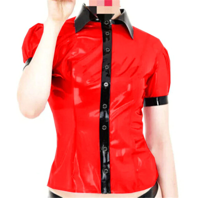 Sexy Latex Rubber Short Puff Sleeve  Shirt Lapel Neck Slim Fit Blouse Button  Lady Women Tops