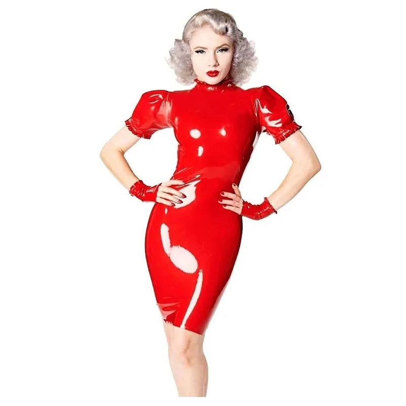 Latex Rubber Short Puff Sleeve Half Turtleneck Dress Women Bodycon Pencil Dress With Gloves Party Outfits Nightclub Dresses