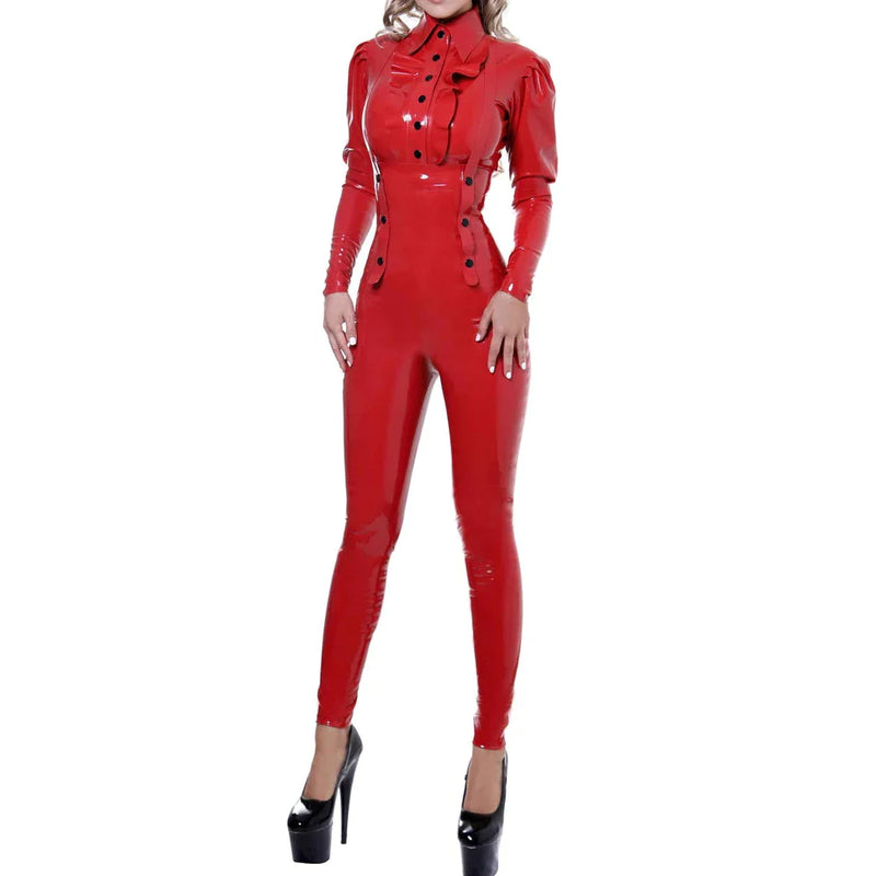 100% Latex Rubber Sexy High Waist Pencil Pants Skinny Brace Pants Suspender Rompers Straps Overalls