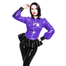 Latex Gummi Tops Schwarze Besätze Hemd Sexy Revers Kragen Rüschen Am Saum Bluse Laternenärmel Jackenhemd Damen