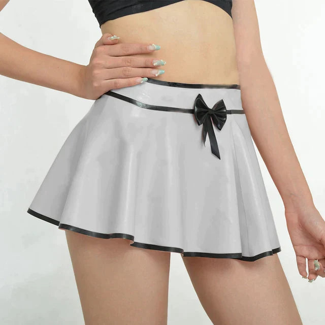 Women Bowknot Black Trims Short Pleated Mini Skirt Latex Rubber Elastic Sexy Skirts