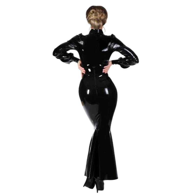 Womens latex rubber Dress Ruffled Dress Long Sleeve Turtleneck Dresses Party Clubwear