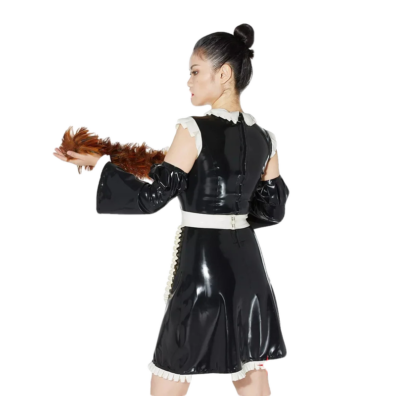 100% Latex Rubber Ruffle Doll Collar Dress Sexy Maid Dress With Apron Puff Half Flare Sleeves Cosplay Uniform