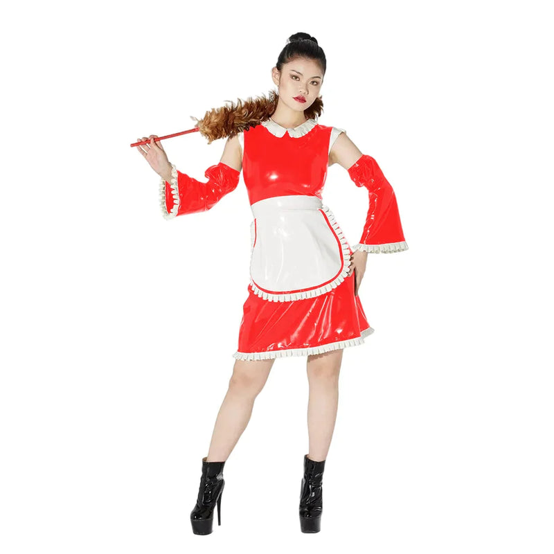 100% Latex Rubber Ruffle Doll Collar Dress Sexy Maid Dress With Apron Puff Half Flare Sleeves Cosplay Uniform